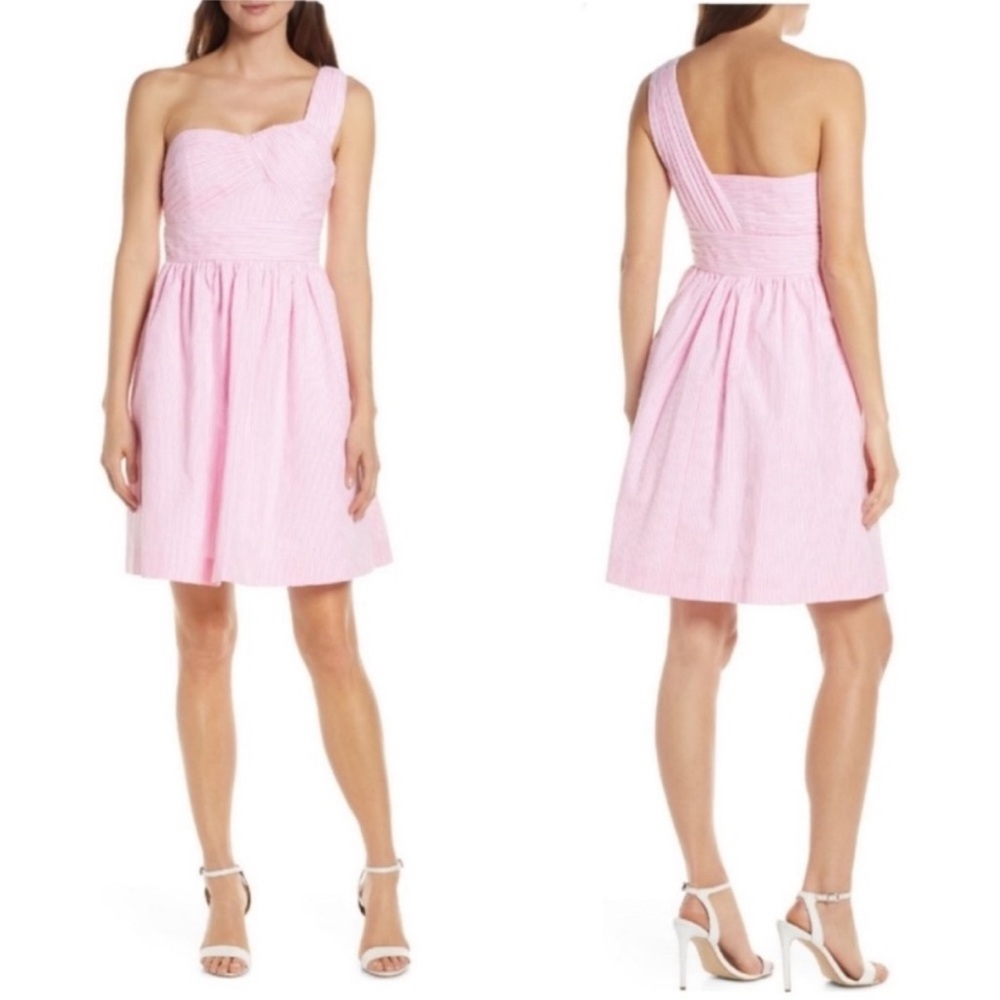 Lilly Pulitzer Addison One Shoulder Seersucker Dress Pink White Fit  Flare Sz 14
